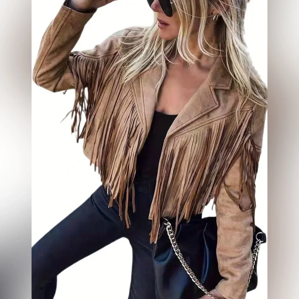 Western Tan Fringe Open Front Jacket NEW - Picture 1 of 7
